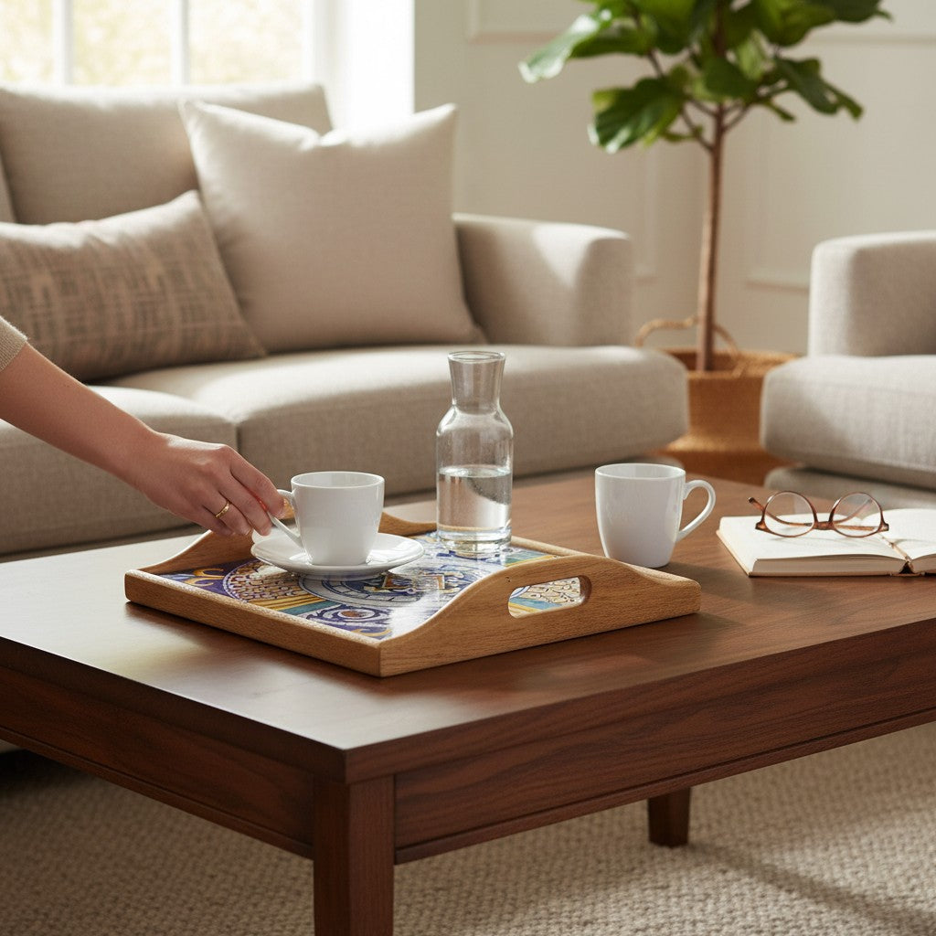 DERUTA ARTE TRAY: Wood Tray with Hand Painted Ceramic Tile Insert [Design DR19]