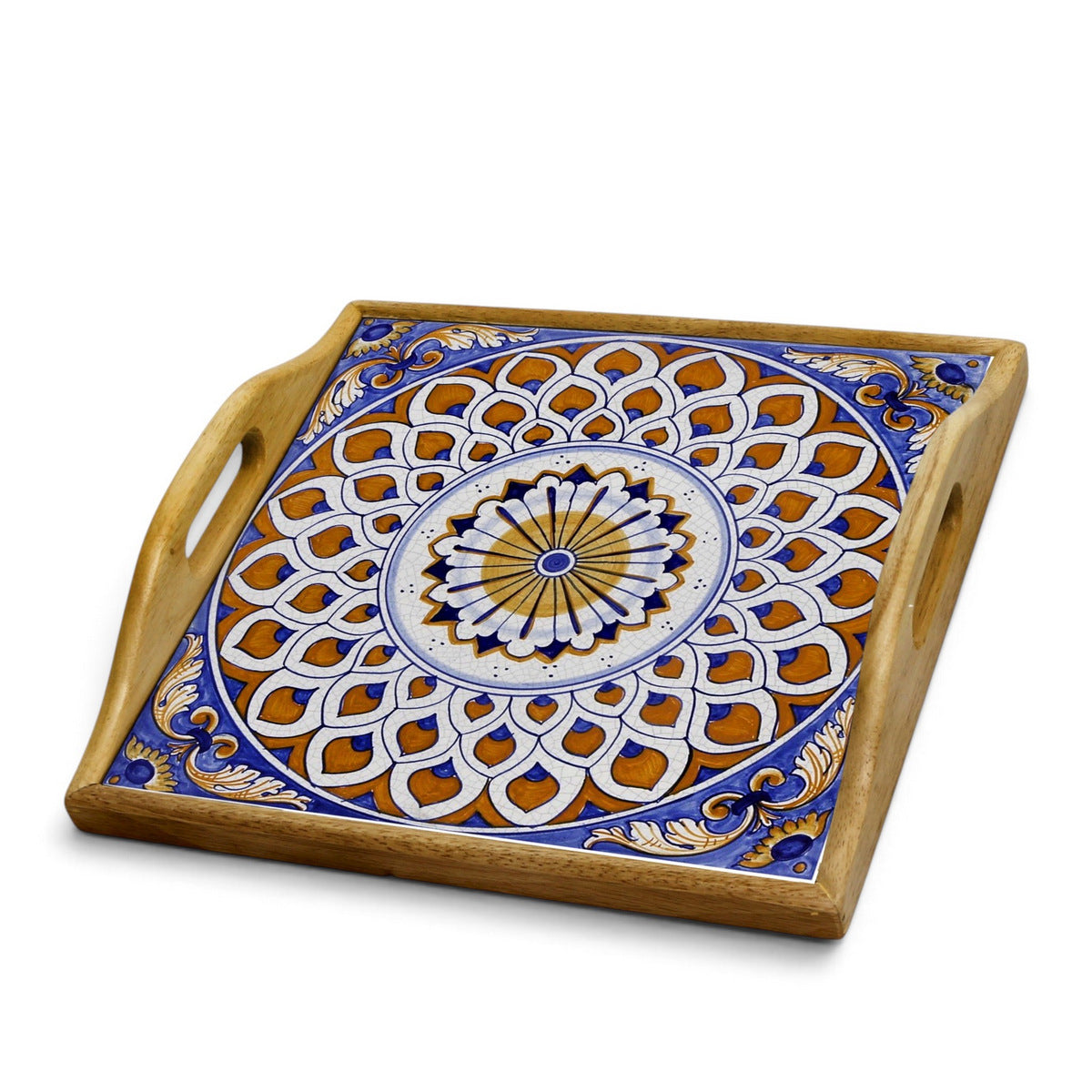 DERUTA ARTE TRAY: Wood Tray with Hand Painted Ceramic Tile Insert [Design DR21]