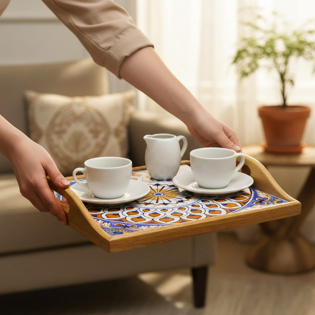 DERUTA ARTE TRAY: Wood Tray with Hand Painted Ceramic Tile Insert [Design DR21]