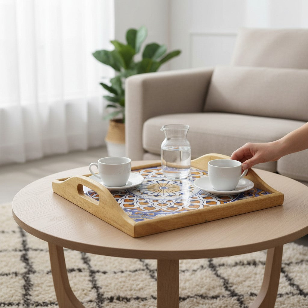 DERUTA ARTE TRAY: Wood Tray with Hand Painted Ceramic Tile Insert [Design DR21]