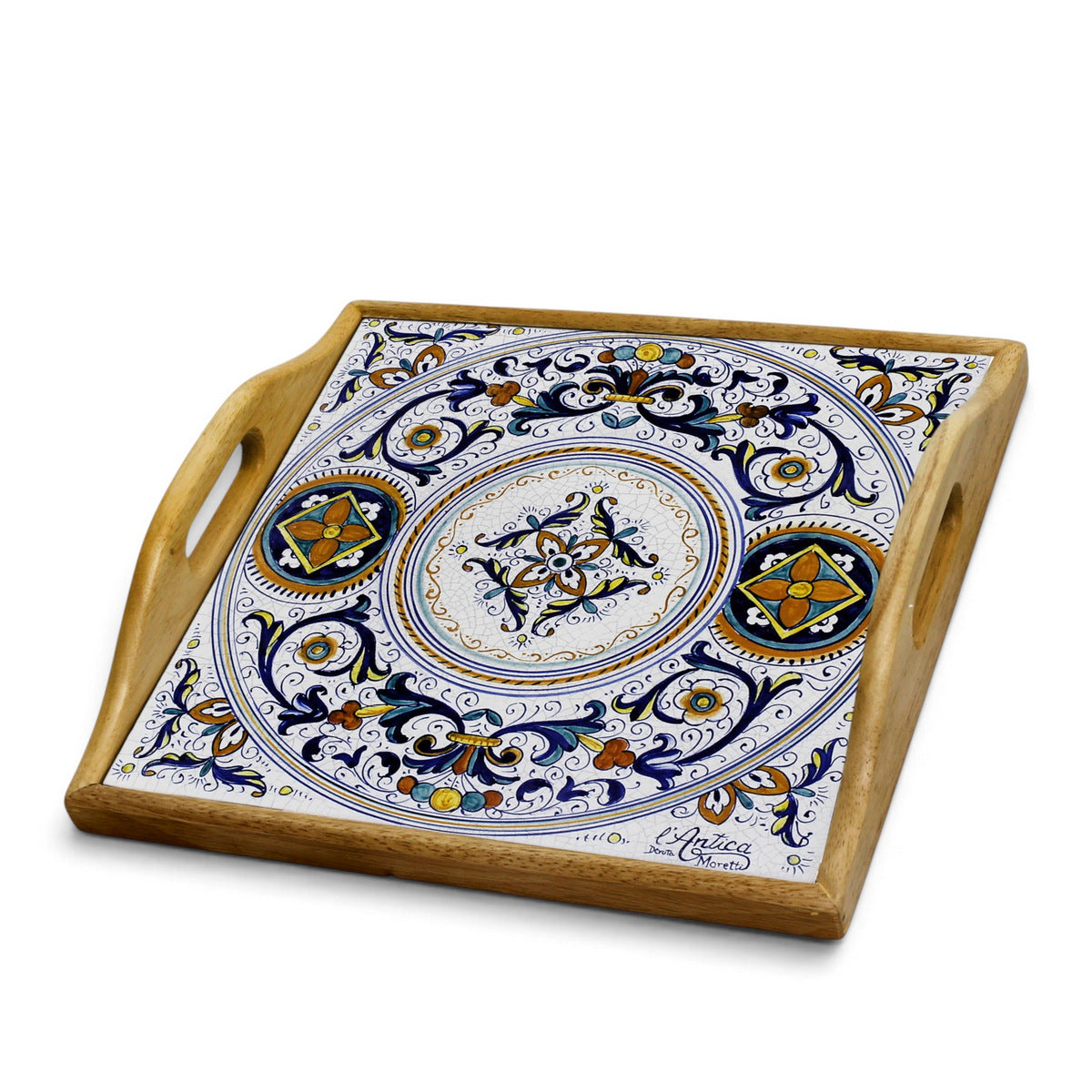DERUTA ARTE TRAY: Wood Tray with Hand Painted Ceramic Tile Insert [Design DR22]
