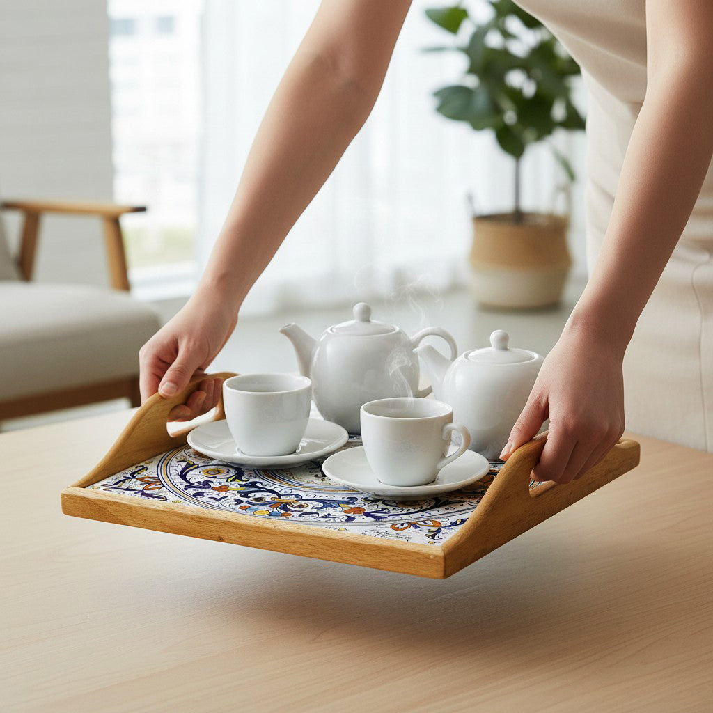 DERUTA ARTE TRAY: Wood Tray with Hand Painted Ceramic Tile Insert [Design DR22]