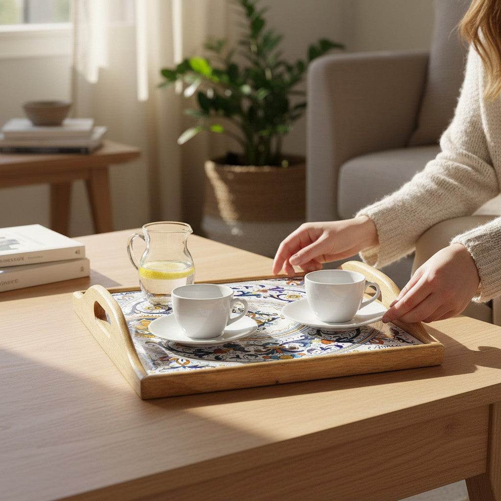 DERUTA ARTE TRAY: Wood Tray with Hand Painted Ceramic Tile Insert [Design DR22]