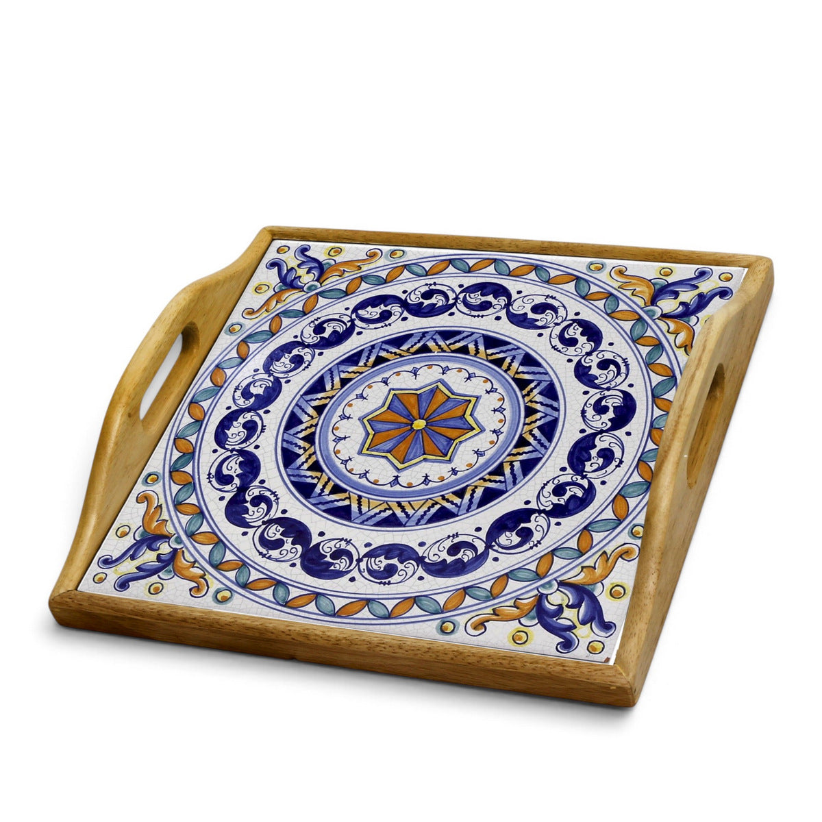 DERUTA ARTE TRAY: Wood Tray with Hand Painted Ceramic Tile Insert [Design DR25]