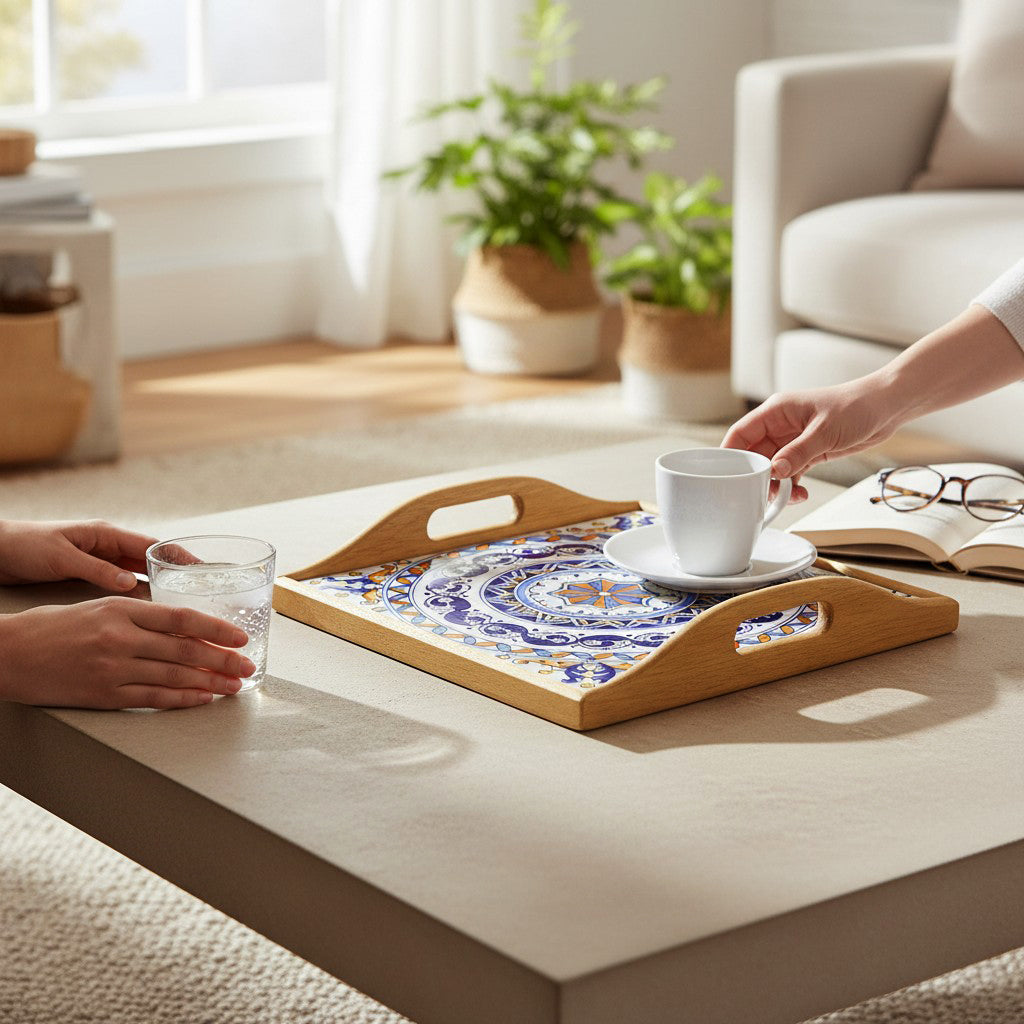 DERUTA ARTE TRAY: Wood Tray with Hand Painted Ceramic Tile Insert [Design DR25]