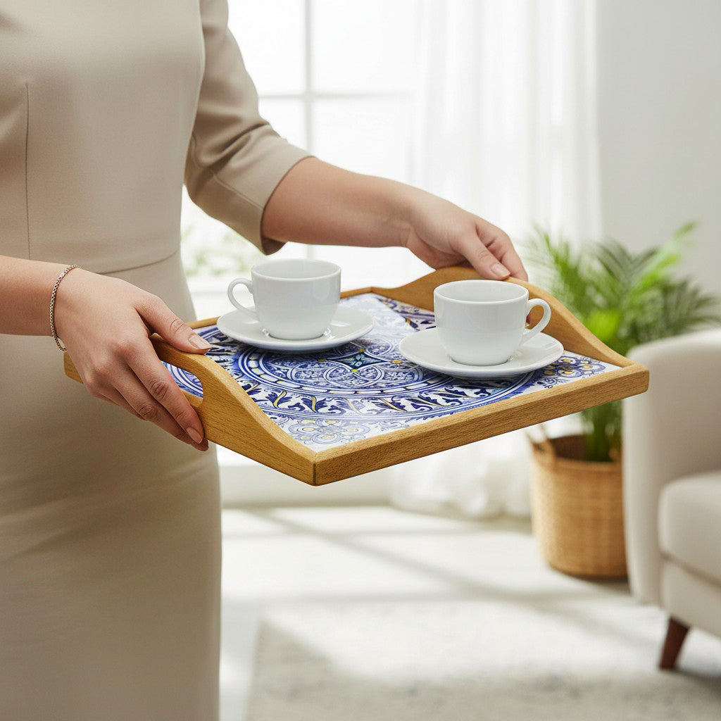 DERUTA ARTE TRAY: Wood Tray with Hand Painted Ceramic Tile Insert [Design DR29]