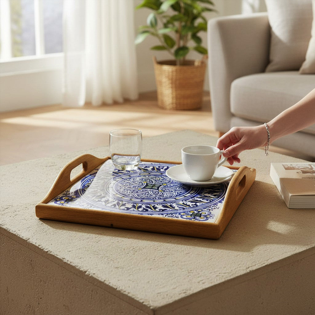 DERUTA ARTE TRAY: Wood Tray with Hand Painted Ceramic Tile Insert [Design DR29]