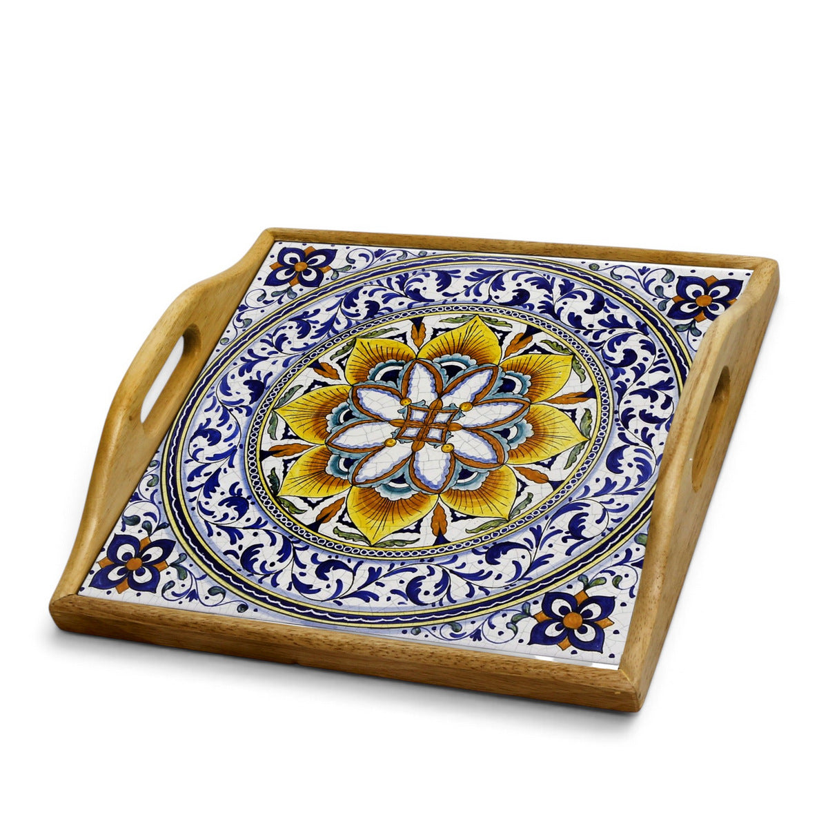 DERUTA ARTE TRAY: Wood Tray with Hand Painted Ceramic Tile Insert [Design DR30]