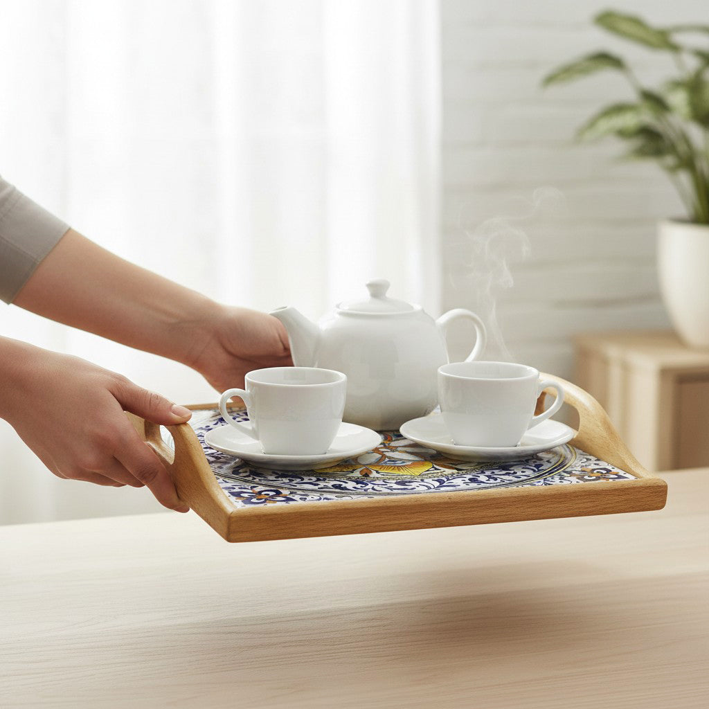 DERUTA ARTE TRAY: Wood Tray with Hand Painted Ceramic Tile Insert [Design DR30]