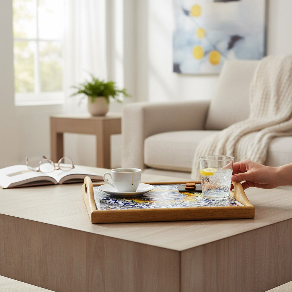 DERUTA ARTE TRAY: Wood Tray with Hand Painted Ceramic Tile Insert [Design DR30]