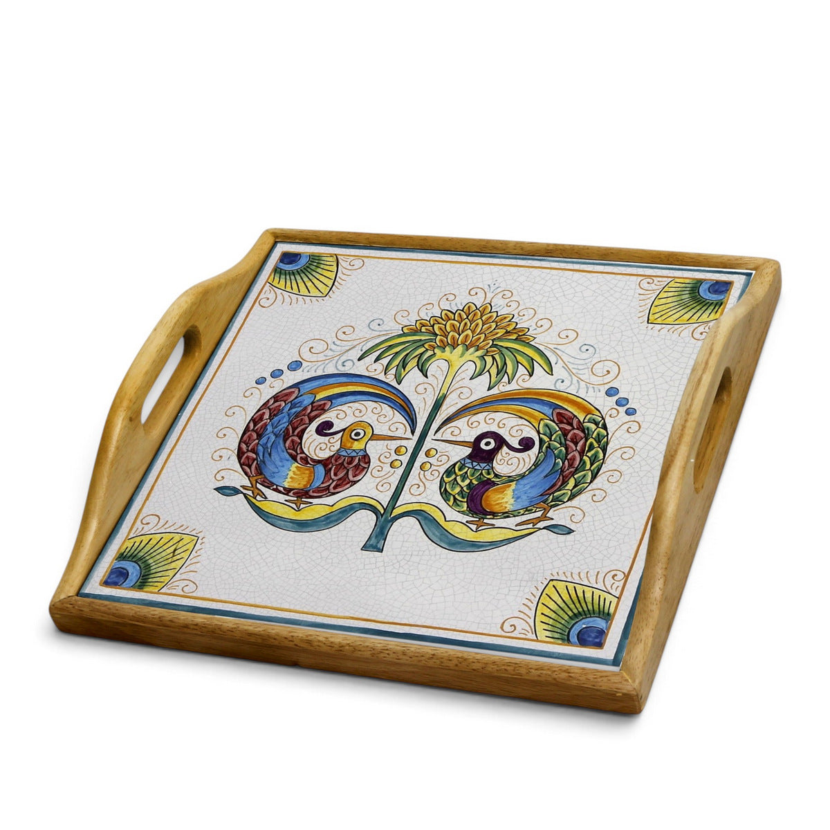 DERUTA ARTE TRAY: Wood Tray with Hand Painted Ceramic Tile Insert [Design UT30]