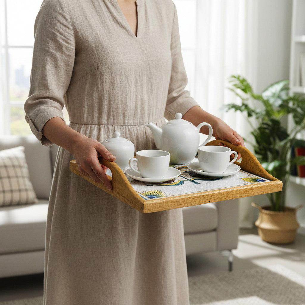 DERUTA ARTE TRAY: Wood Tray with Hand Painted Ceramic Tile Insert [Design UT30]