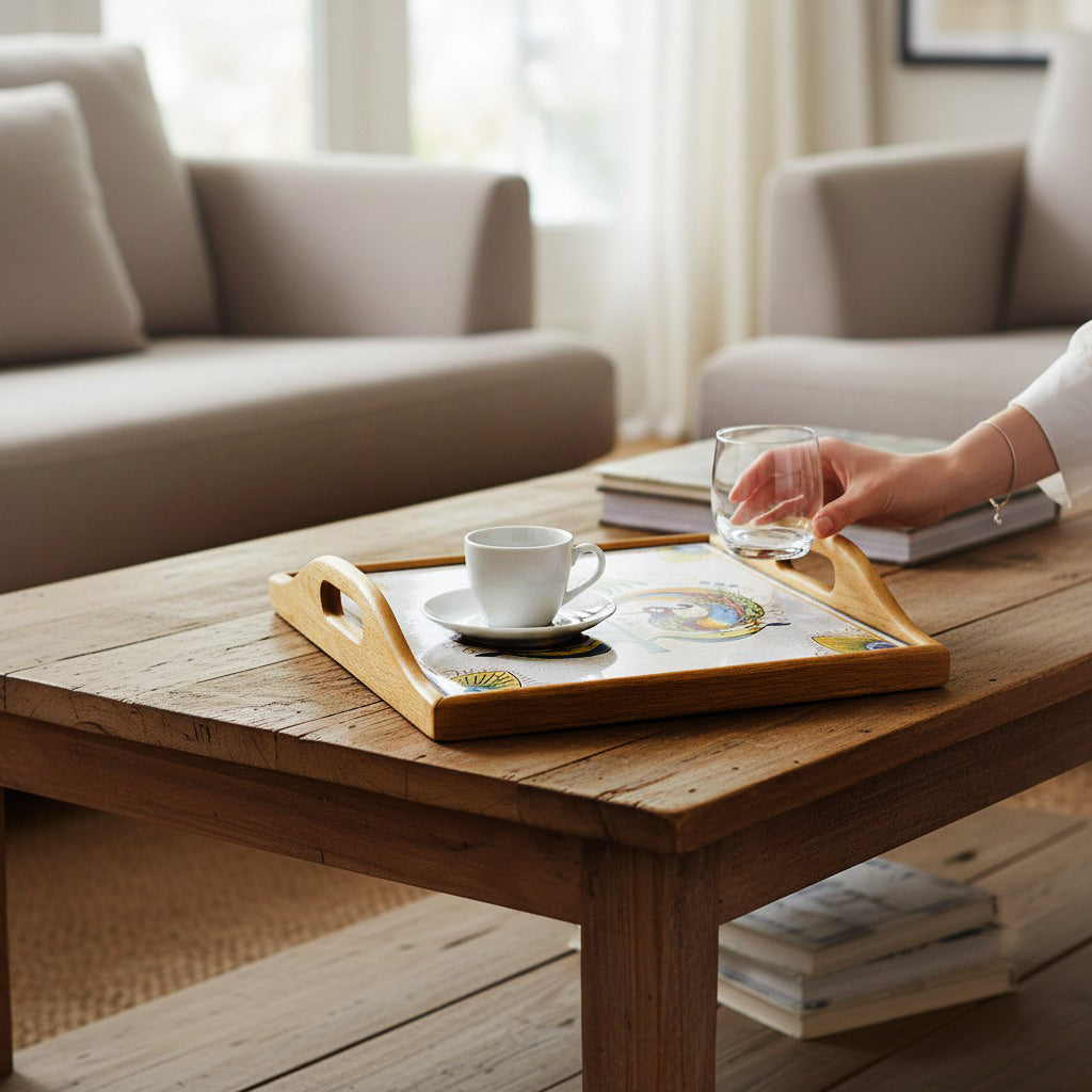 DERUTA ARTE TRAY: Wood Tray with Hand Painted Ceramic Tile Insert [Design UT30]