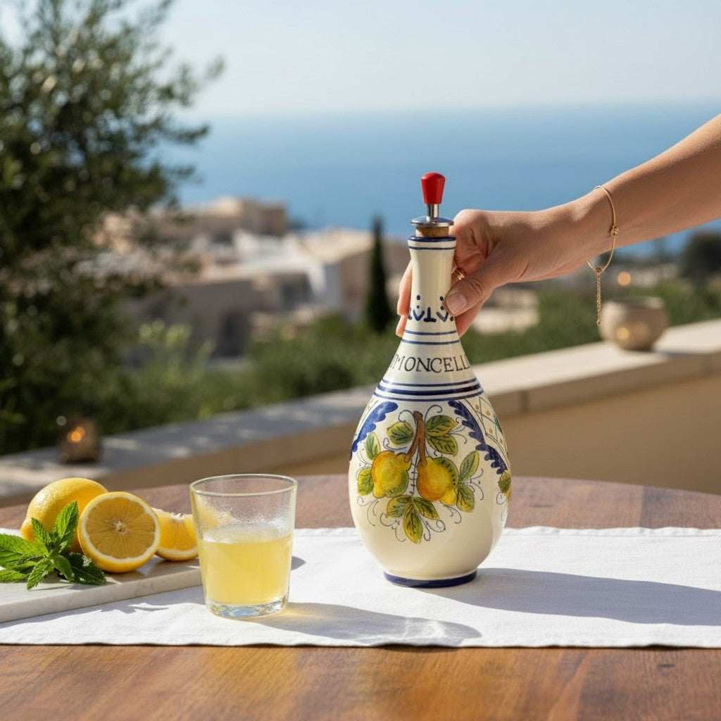 LIMONCELLO: Bottle for Limoncello with Metal Pourer - Blue design (Limoncello liquor not included)