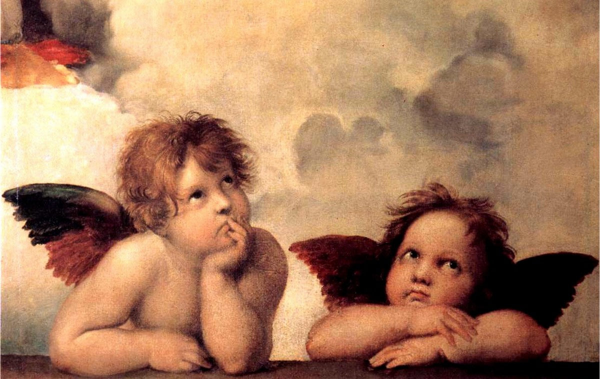 WOOD BOX: Lined Tea Bags Wood Box with printed tile lid - Opera "Angel and Cherubs" by Raphael