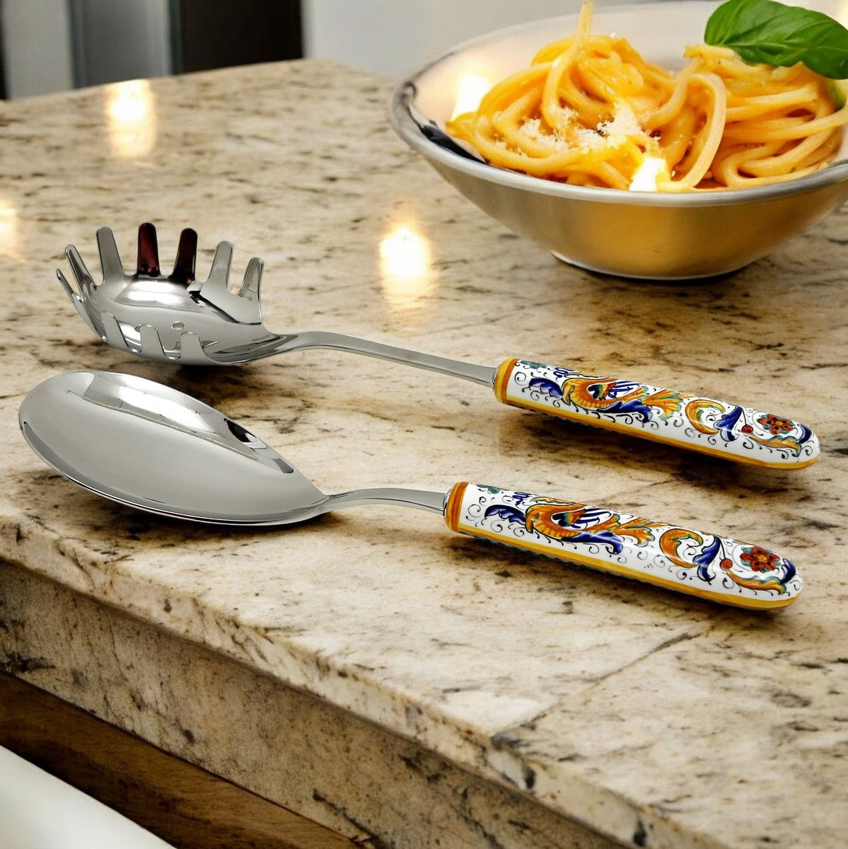 RAFFAELLESCO DELUXE: Ceramic Handle Spaghetti Serving Tong and Risotto Spoon Ladle SET with 18/10 stainless steel cutlery.