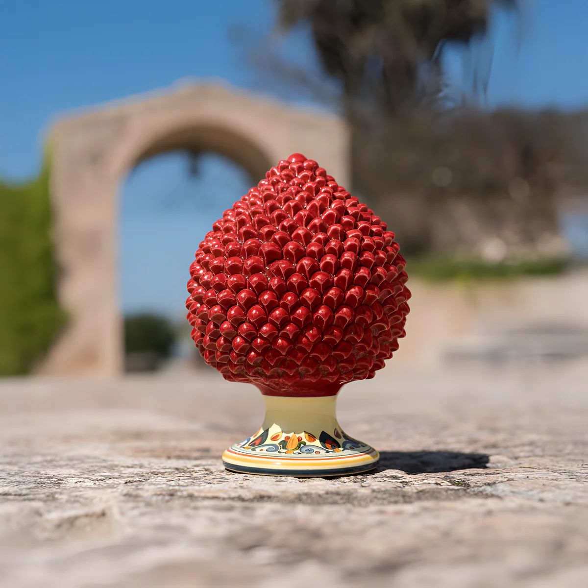 SICILIAN PINECONE: Ceramic 'Pigna Siciliana' Handcrafted with decorated pedestal - RED