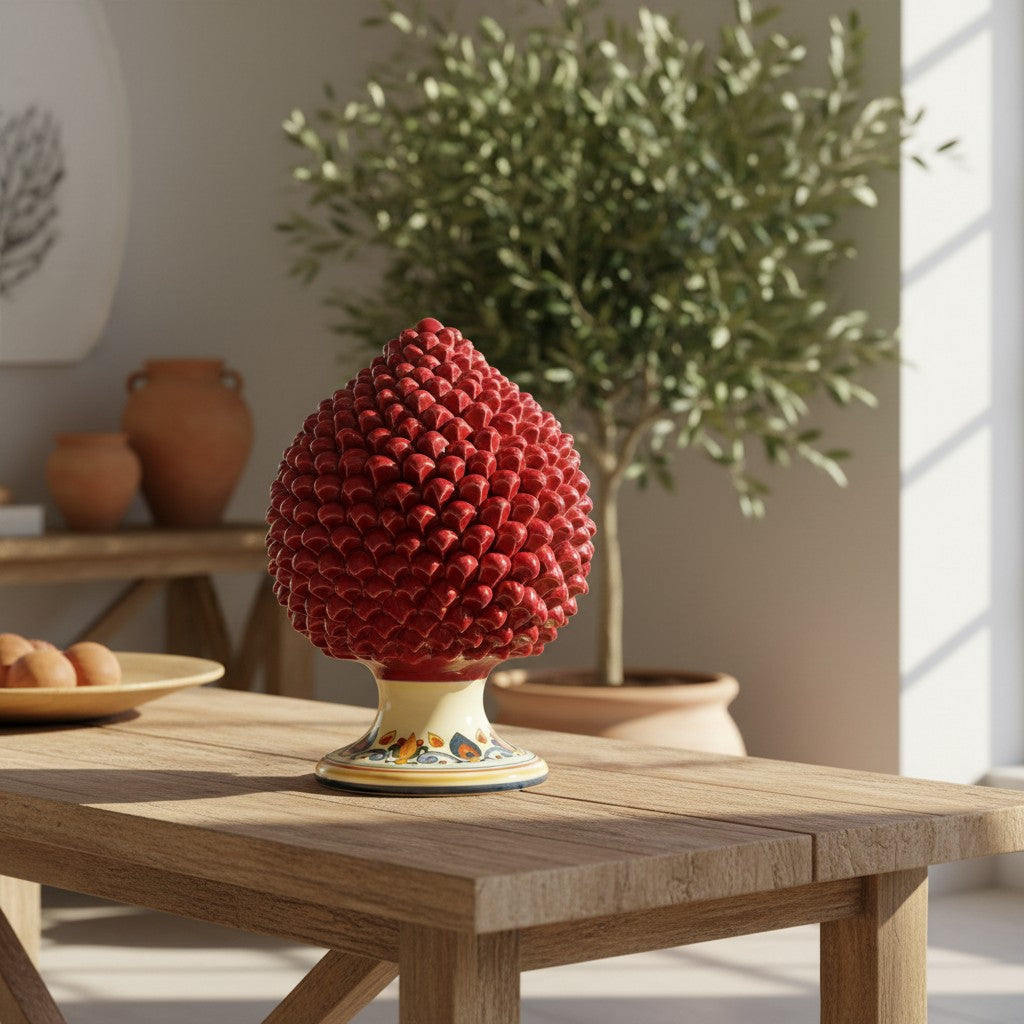 SICILIAN PINECONE: Ceramic 'Pigna Siciliana' Handcrafted with decorated pedestal - RED