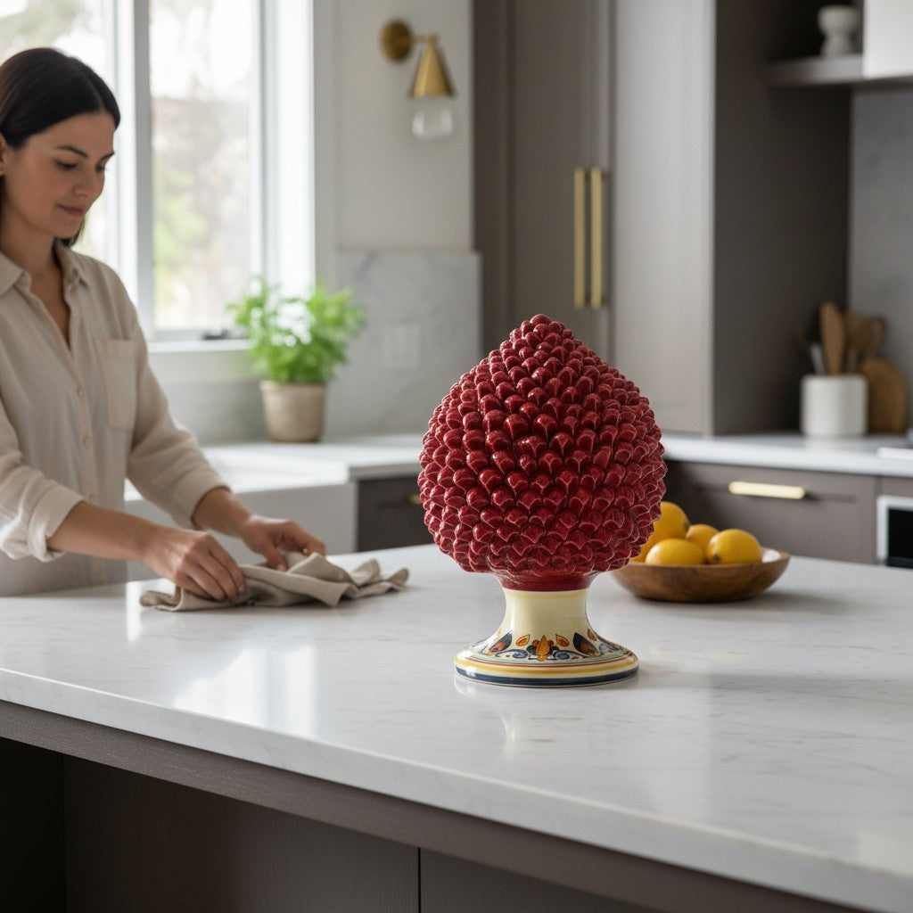 SICILIAN PINECONE: Ceramic 'Pigna Siciliana' Handcrafted with decorated pedestal - RED