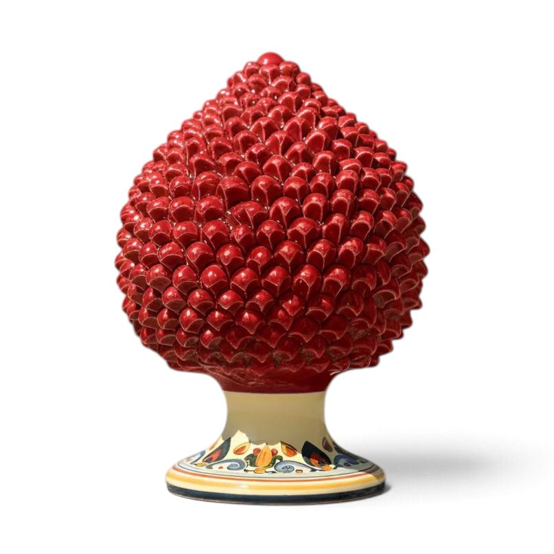 SICILIAN PINECONE: Ceramic 'Pigna Siciliana' Handcrafted with decorated pedestal - RED
