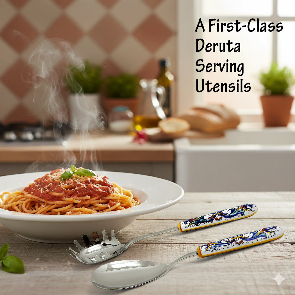 GIFT BOX: Ceramic Handle Serving Utensils Set - Spaghetti Tong and Risotto Spoon Ladle with 18/10 stainless steel cutlery - Ricco Deruta design
