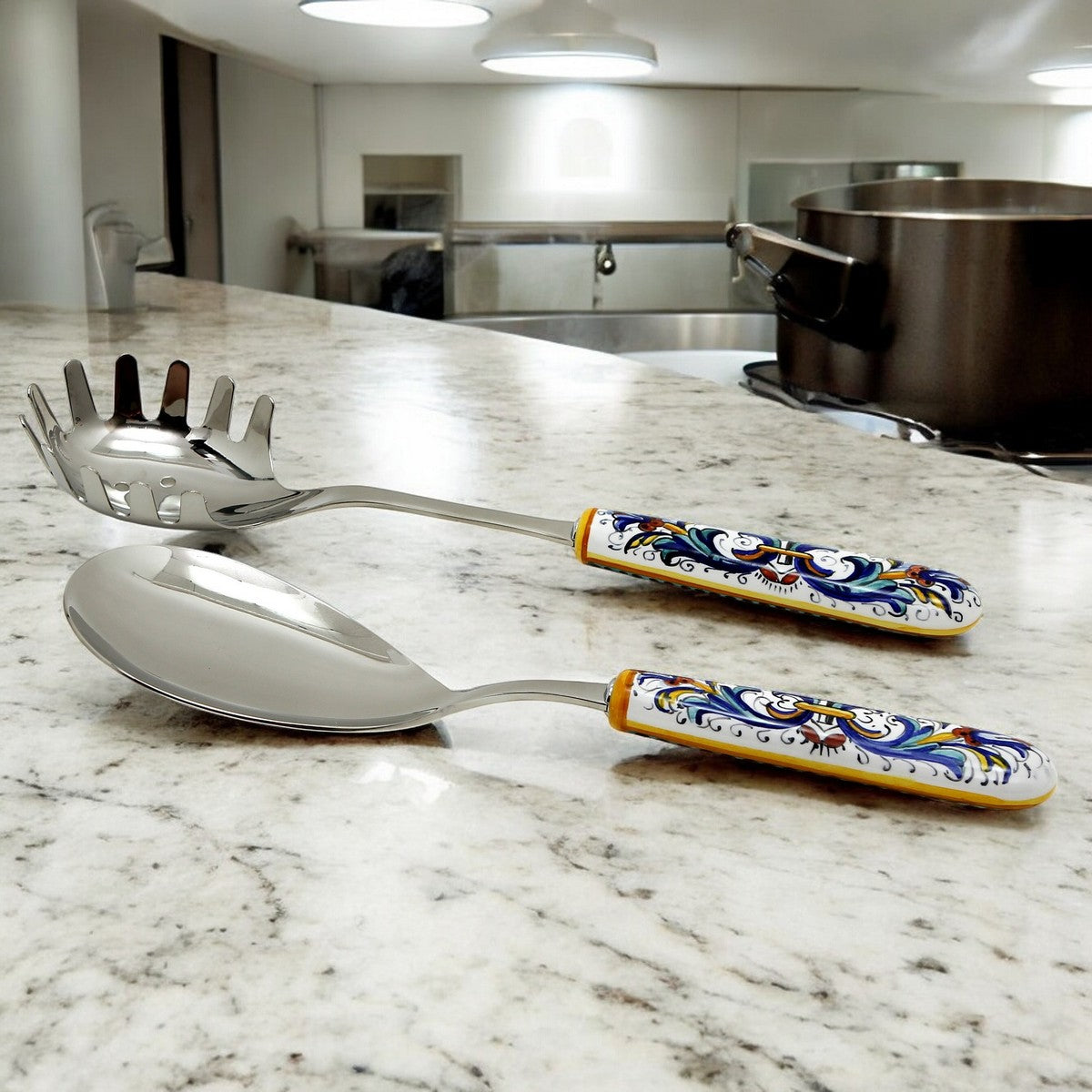 RICCO DERUTA DELUXE: Ceramic Handle Spaghetti Tong and Risotto Spoon Ladle SET with 18/10 stainless steel cutlery. - Artistica.com