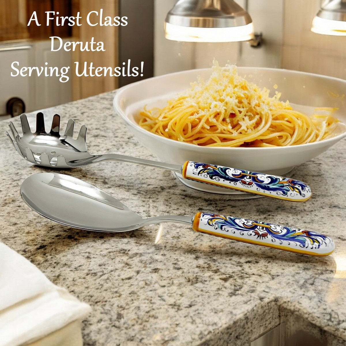 GIFT BOX: Ceramic Handle Serving Utensils Set - Spaghetti Tong and Risotto Spoon Ladle with 18/10 stainless steel cutlery - Ricco Deruta design
