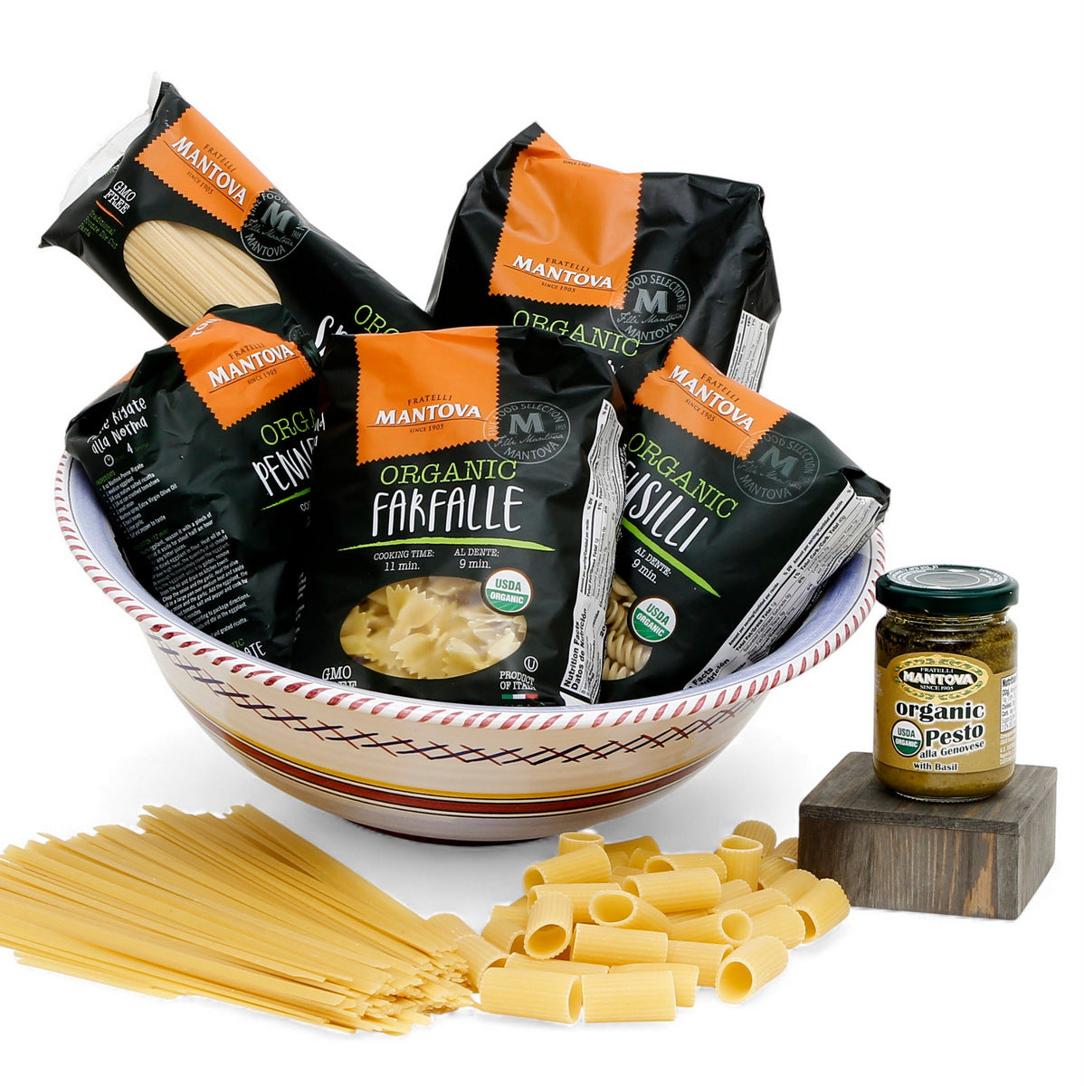 GIFT BUNDLES: Deruta Large Bowl with 5 Organic Pasta + Pesto Sauce - ORVIETO RED ROOSTER design