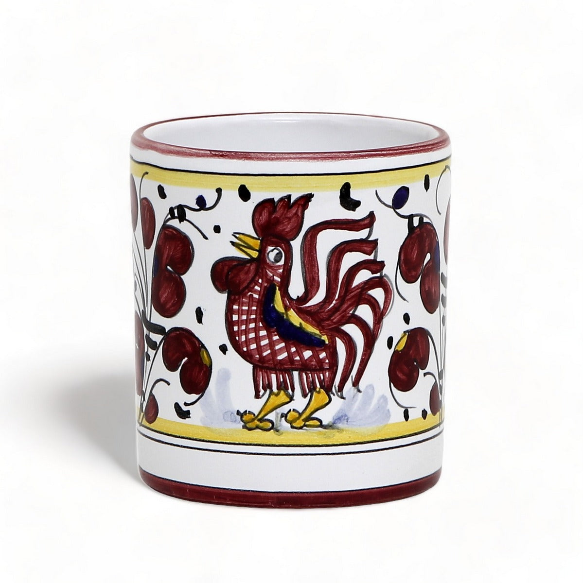 DERUTA RED ROOSTER MUGS SET: 4 Mugs as shown and wrought iron four arms mug stand tree black.