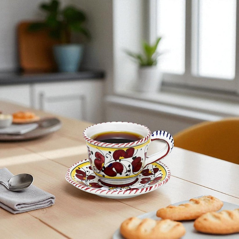 ORVIETO RED ROOSTER: Espresso cup and Saucer [STRIPED RIM] - Artistica.com