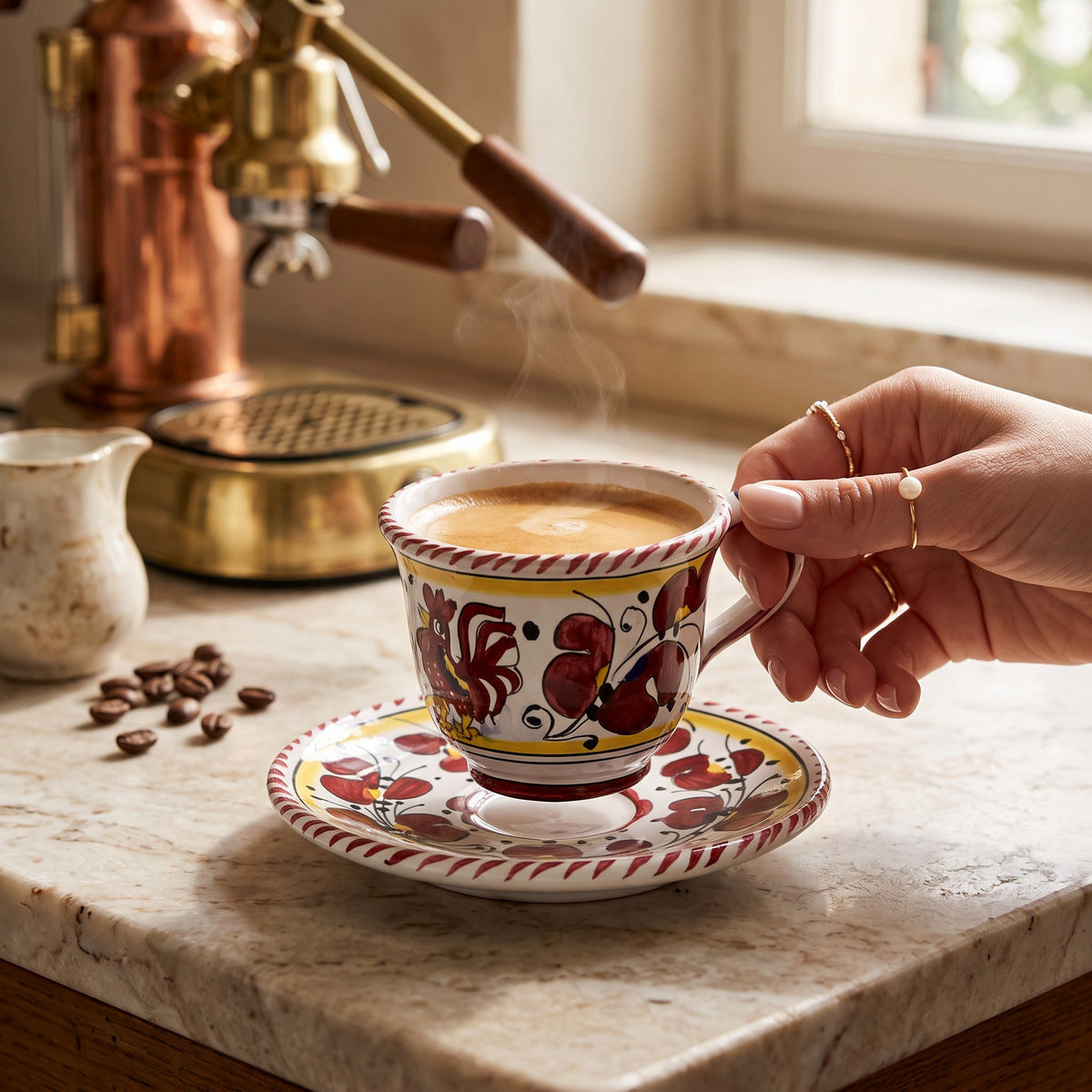 ORVIETO RED ROOSTER: Espresso cup and Saucer [STRIPED RIM] - Artistica.com