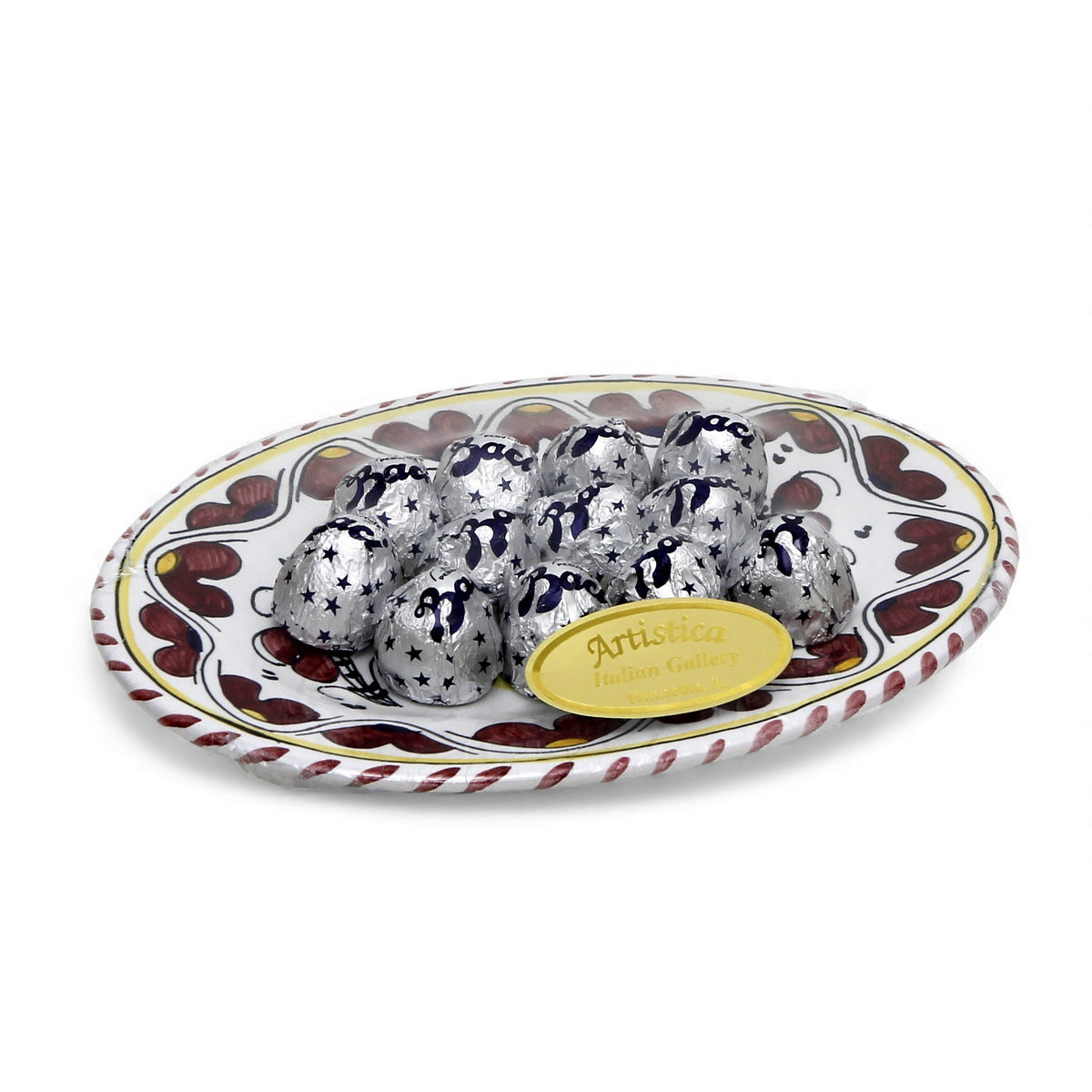 LOVE.ly: Deruta Small Oval Plate with 12 Baci Perugina - ORVIETO RED ROOSTER design
