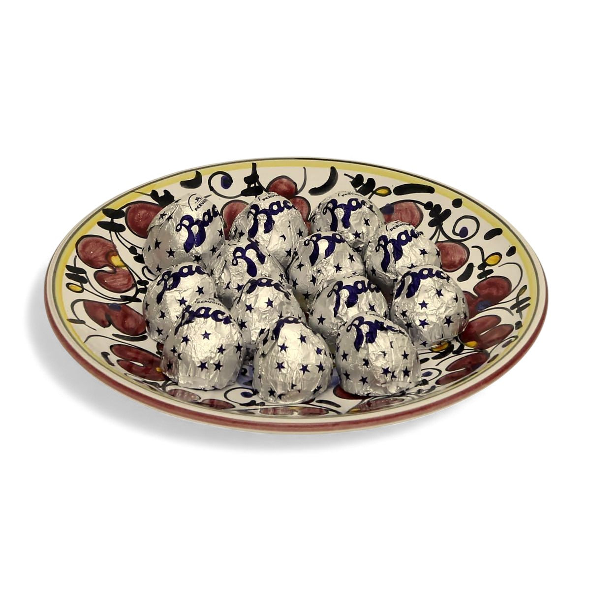 LOVE.ly Deruta Small Round Plate with 12 Baci Perugina or 20 Rossana Candies - ORVIETO RED ROOSTER design