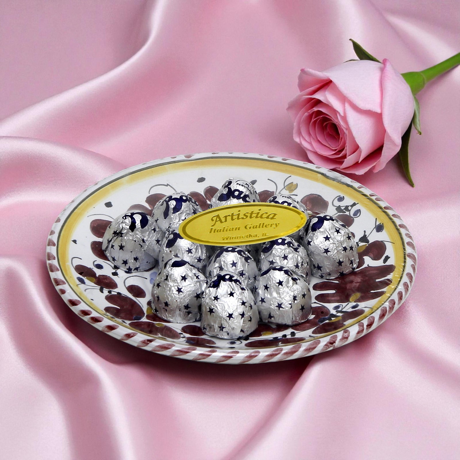 LOVE.ly Deruta Small Round Plate with 12 Baci Perugina - ORVIETO RED ROOSTER design