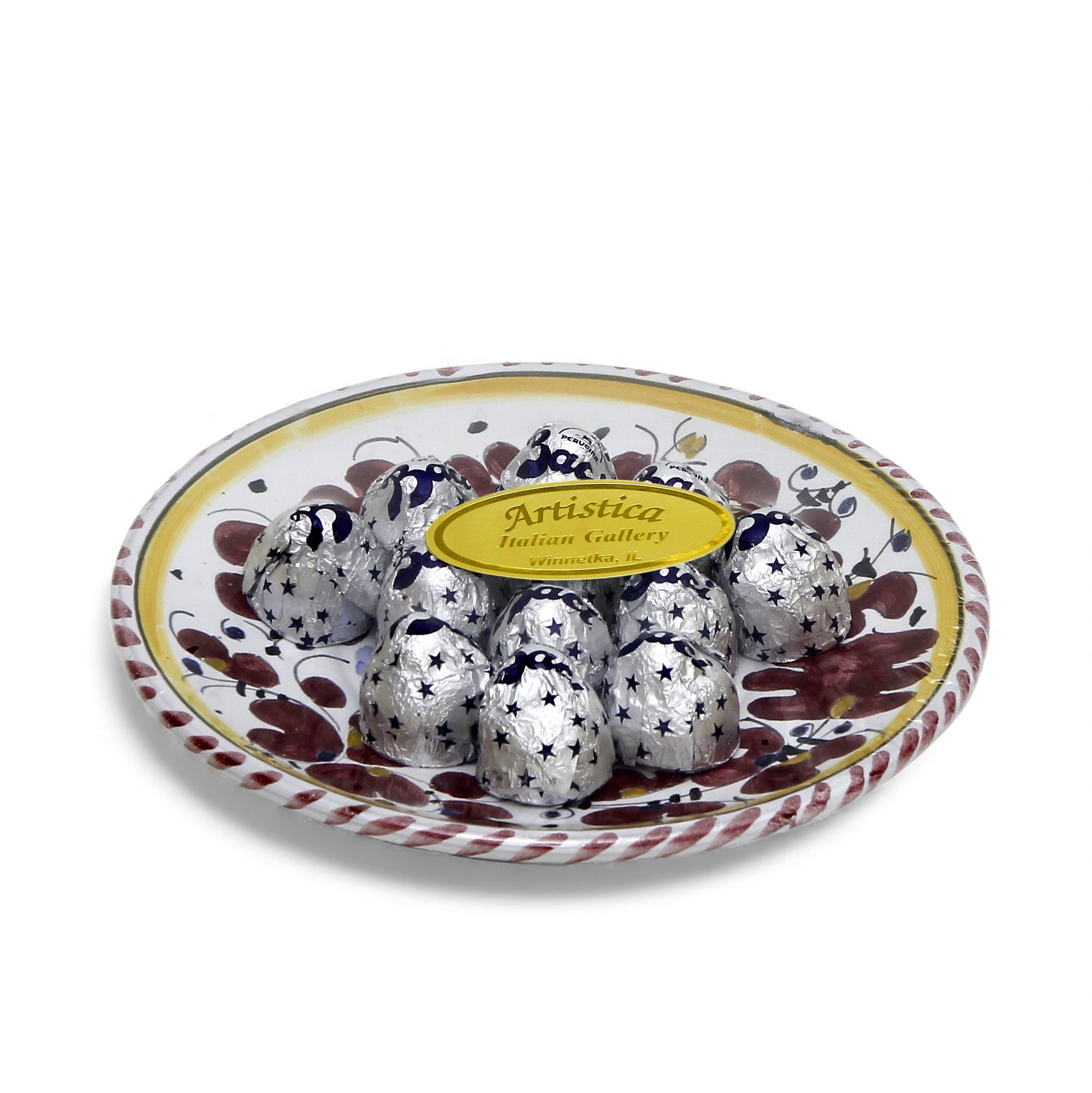 LOVE.ly Deruta Small Round Plate with 12 Baci Perugina - ORVIETO RED ROOSTER design