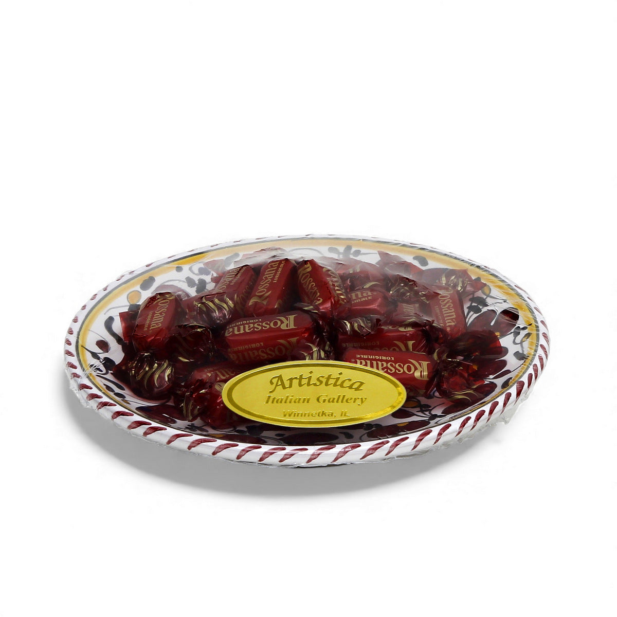 LOVE.ly Deruta Small Round Plate with 12 Baci Perugina or 20 Rossana Candies - ORVIETO RED ROOSTER design