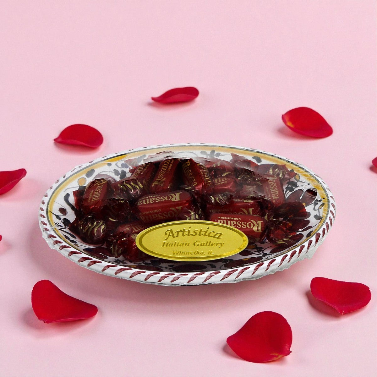 LOVE.ly Deruta Small Round Plate with 12 Baci Perugina or 20 Rossana Candies - ORVIETO RED ROOSTER design