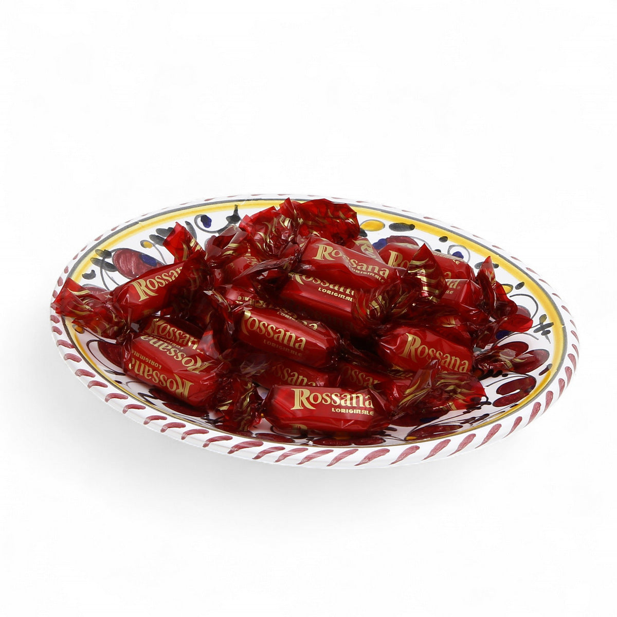 LOVE.ly Deruta Small Round Plate with 12 Baci Perugina or 20 Rossana Candies - ORVIETO RED ROOSTER design