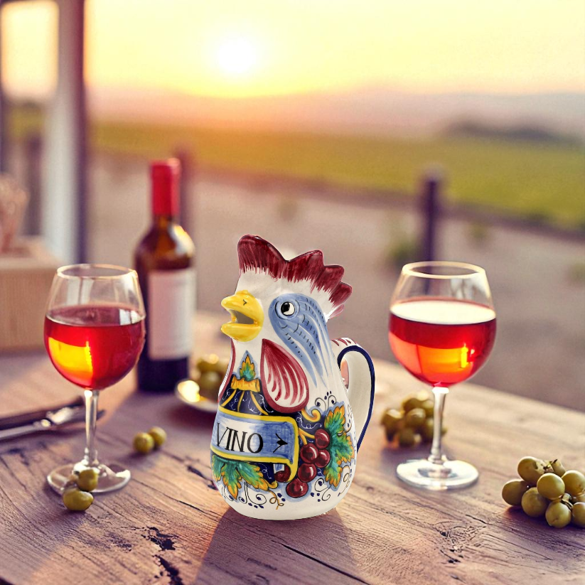 IN VINO VERITAS: Traditional Italian Rooster of Fortune Wine Pitcher (Large=1.5 Liter 50 Oz)