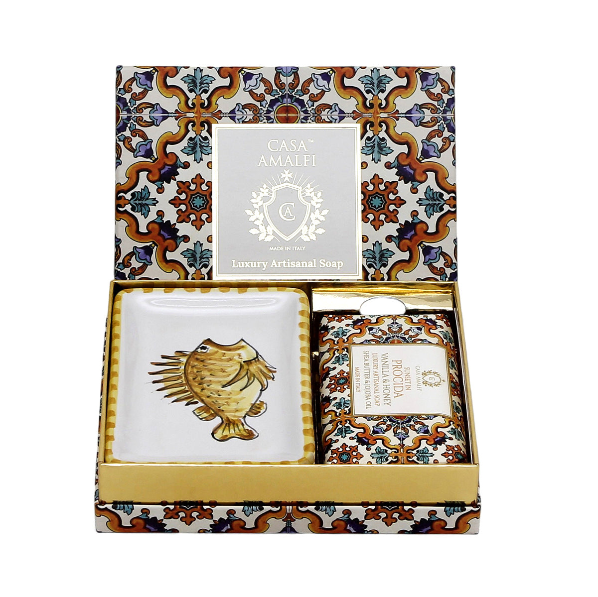 CASA AMALFI SOAPS: Scented Soap Bar with ceramic soap dish - Sunset in Procida Set