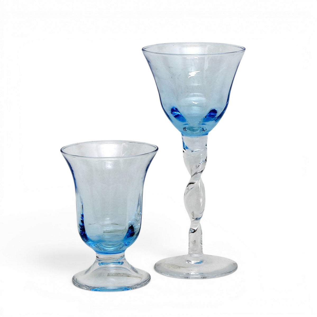 ADRIANA: Wine Glass Twisted Stem + Water "bell" Glass - LIGHT BLUE (SET of TWO pcs Wine+Water Glasses as shown)