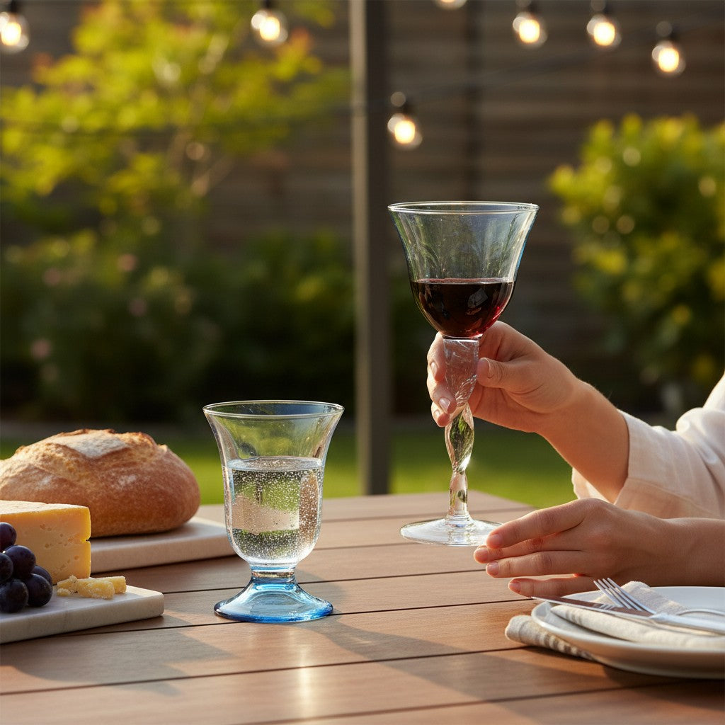 ADRIANA: Wine Glass Twisted Stem + Water "bell" Glass - LIGHT BLUE (SET of TWO pcs Wine+Water Glasses as shown)