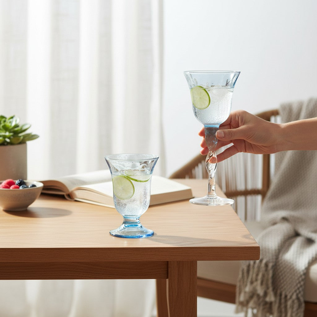 ADRIANA: Wine Glass Twisted Stem + Water "bell" Glass - LIGHT BLUE (SET of TWO pcs Wine+Water Glasses as shown)