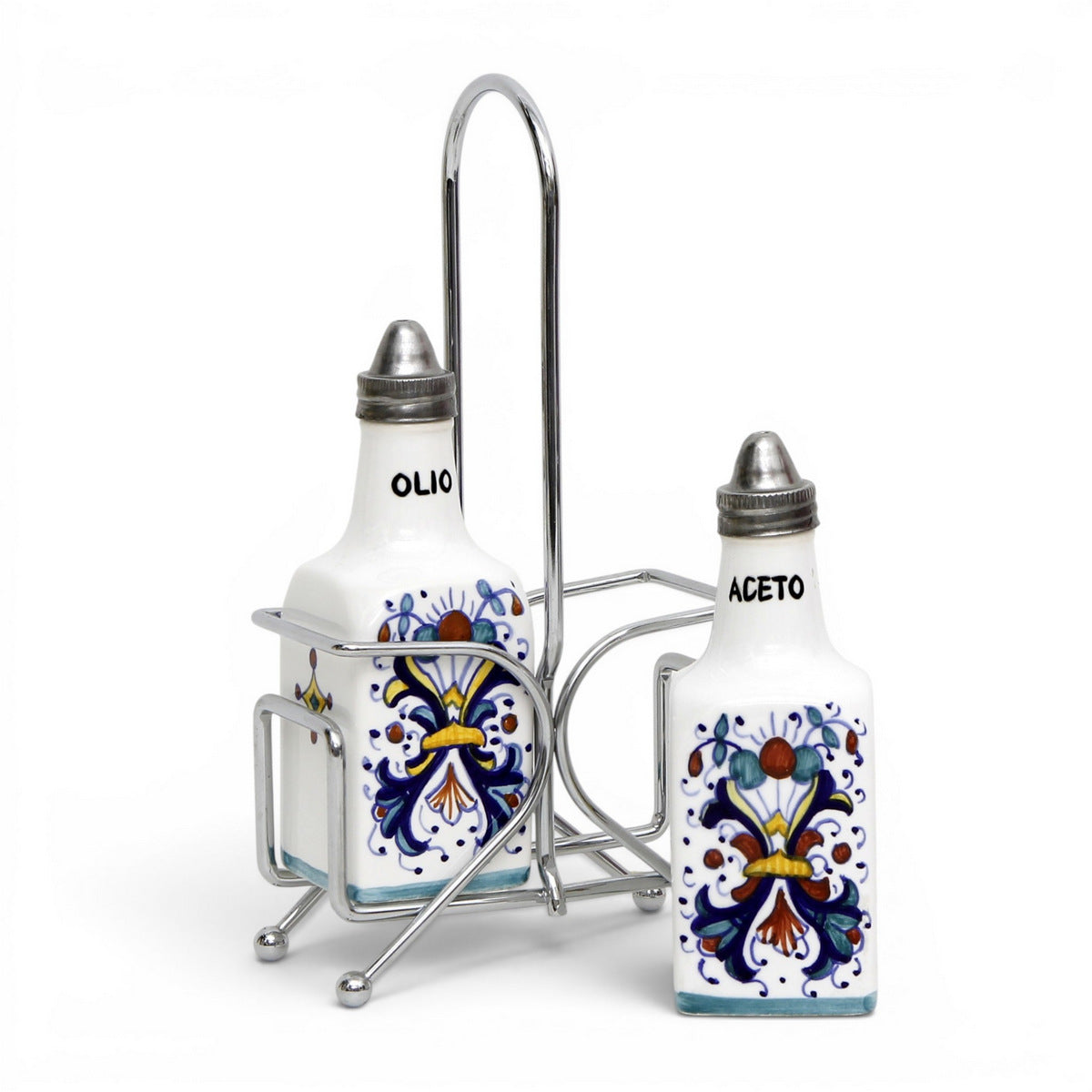 RICCO DERUTA: Oil and Vinegar (Olio - Aceto) 2-Square Bottles Cruet on Chrome Rack (6 Oz) [R]