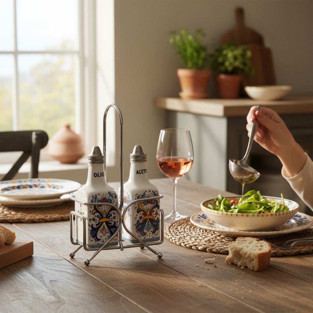 RICCO DERUTA: Oil and Vinegar (Olio - Aceto) 2-Square Bottles Cruet on Chrome Rack (6 Oz) [R]