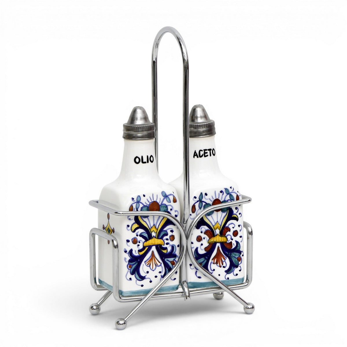 RICCO DERUTA: Oil and Vinegar (Olio - Aceto) 2-Square Bottles Cruet on Chrome Rack (6 Oz) [R]