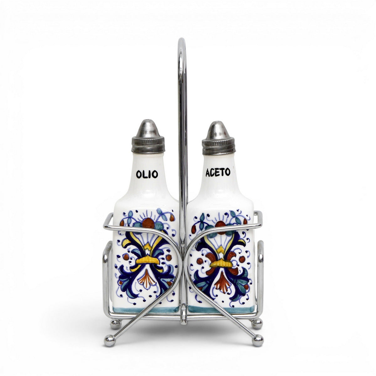 RICCO DERUTA: Oil and Vinegar (Olio - Aceto) 2-Square Bottles Cruet on Chrome Rack (6 Oz) [R]