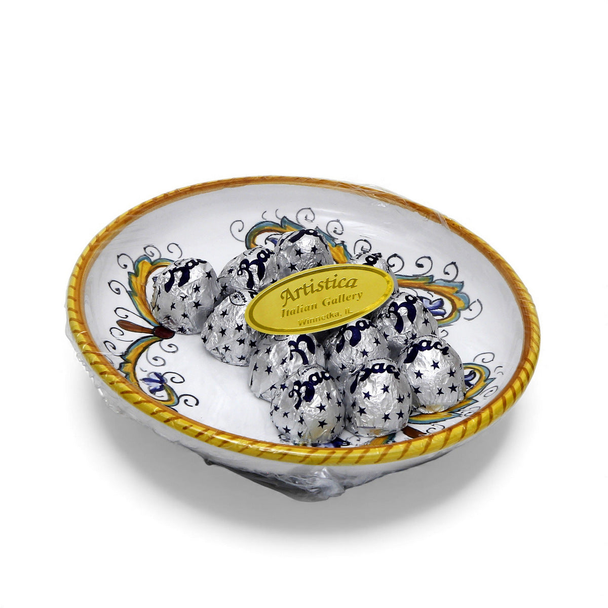 LOVE.ly: Deruta Small Round Multipurpose Bowl with 12 Baci Perugina or 20 Rossana Candies - PERUGINO design