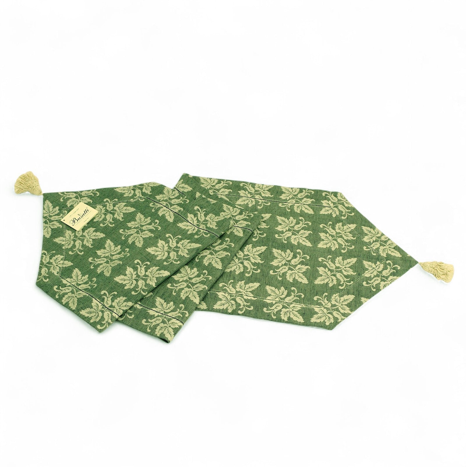 BUSATTI: Runner with tassels (60% Linen and 40% Cotton) GREEN/BEIGE (Reversible two tones)