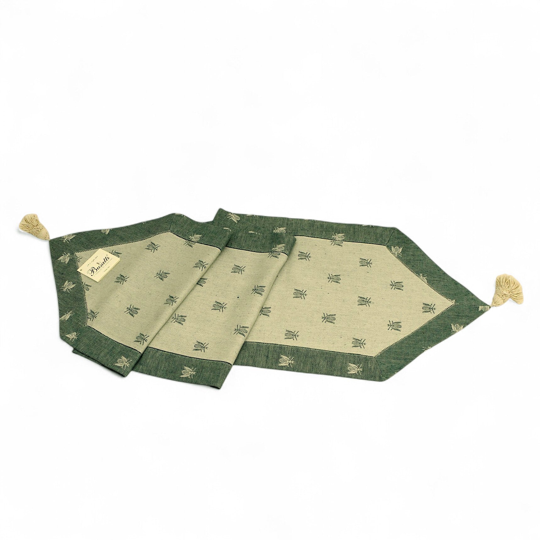 BUSATTI: Runner with tassels (60% Linen and 40% Cotton) GREEN with Bees (Reversible two tones)